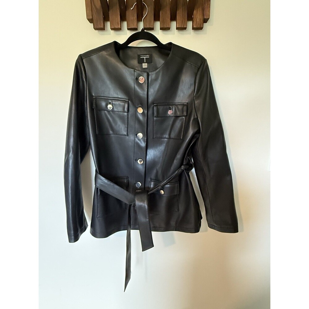 Elie Tahari Aliza Faux Leather Jacket Belted 4 Pocket Women's Size 10 - Picture 2 of 12